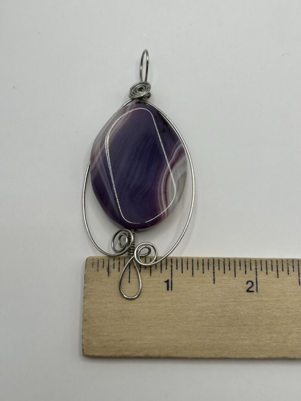 Purple Agate Pendant Handmade Wire Wrapped Teardrop Stone Jewelry Silver Tone - Picture 7 of 8